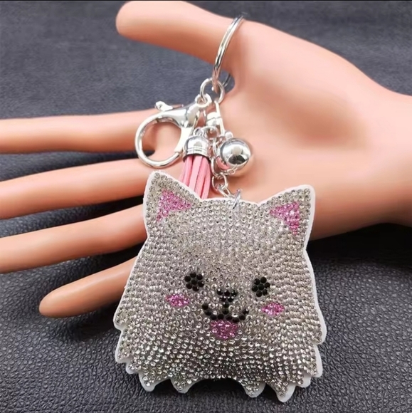 Bling Pomeranian Dog Crystal Rhinestone Keychain Bag Charm With Pink Tas… - Picture 9 of 11